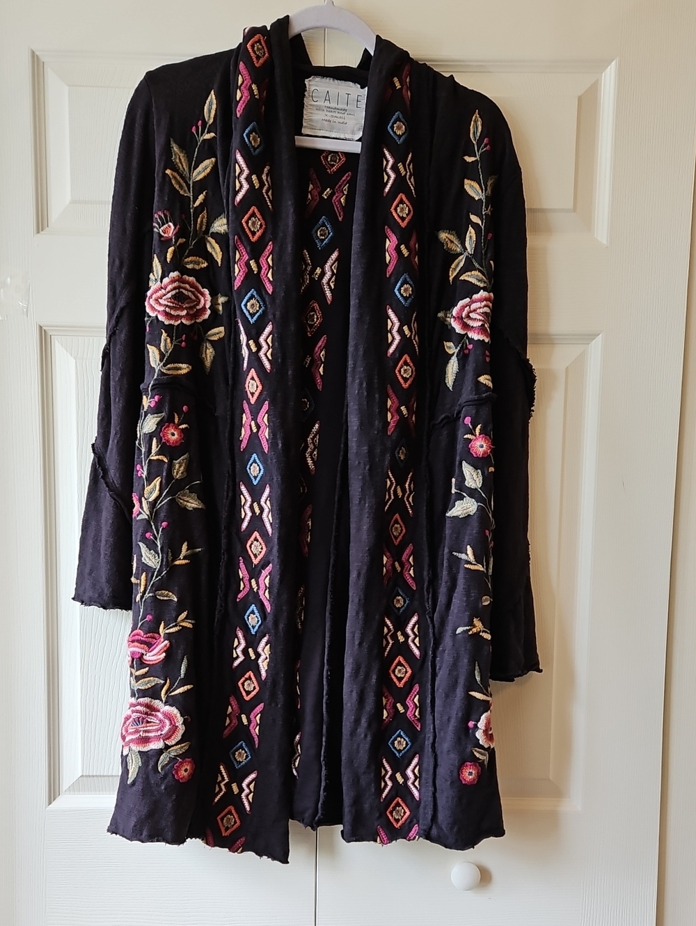Caite "Billie" Embroidered Open-Front Black Floral Hooded Cardigan Jacket Xsmall